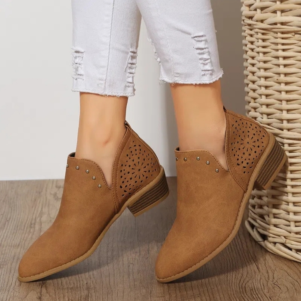 Women's Ankle Boots Size 8 Hollow Out Studded Tan